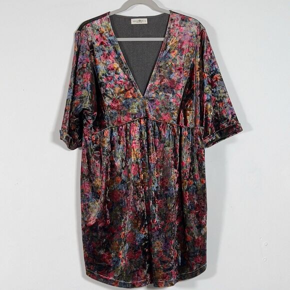 Natural Life Stella Velvet Babydoll Mini Dress Womens Sz L Floral V-Neck Boho - Picture 4 of 14